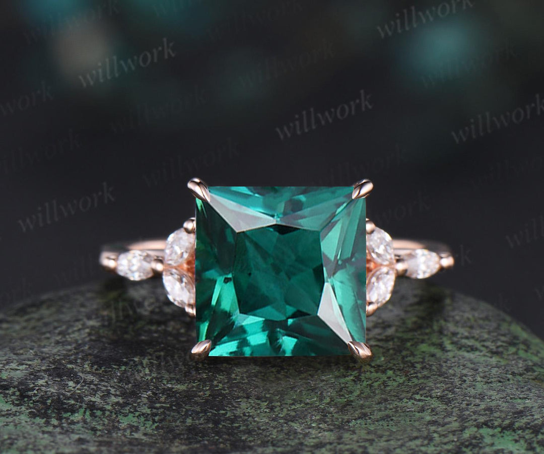 4ct princess cut green emerald engagement ring set solid 14k rose gold stacking marquise emerald wedding ring set women jewelry
