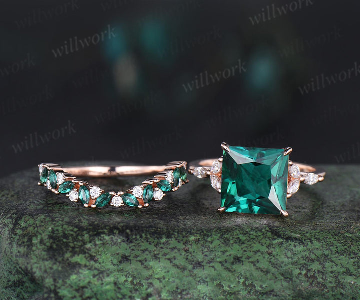4ct princess cut green emerald engagement ring set solid 14k rose gold stacking marquise emerald wedding ring set women jewelry