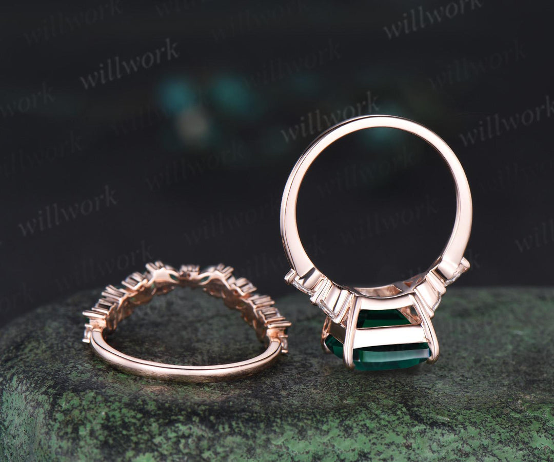 4ct princess cut green emerald engagement ring set solid 14k rose gold stacking marquise emerald wedding ring set women jewelry