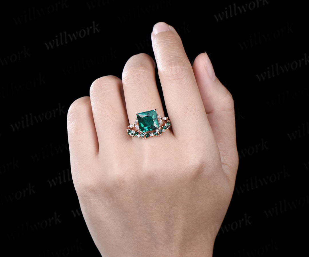4ct princess cut green emerald engagement ring set solid 14k rose gold stacking marquise emerald wedding ring set women jewelry