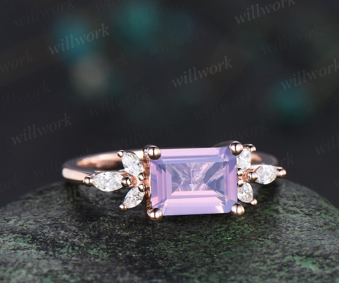East to west emerald cut Lavender Amethyst engagement ring vintage cluster marquise diamond crystal wedding ring rose gold gift for women