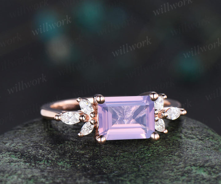 East to west emerald cut Lavender Amethyst engagement ring vintage cluster marquise diamond crystal wedding ring rose gold gift for women