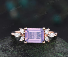 East to west emerald cut Lavender Amethyst engagement ring vintage cluster marquise diamond crystal wedding ring rose gold gift for women