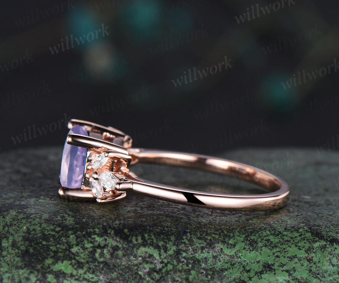 East to west emerald cut Lavender Amethyst engagement ring vintage cluster marquise diamond crystal wedding ring rose gold gift for women