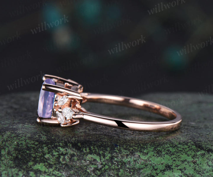East to west emerald cut Lavender Amethyst engagement ring vintage cluster marquise diamond crystal wedding ring rose gold gift for women