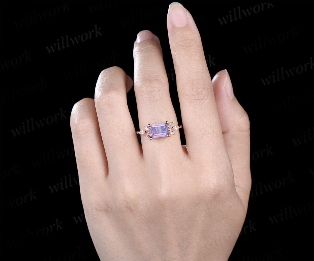 East to west emerald cut Lavender Amethyst engagement ring vintage cluster marquise diamond crystal wedding ring rose gold gift for women