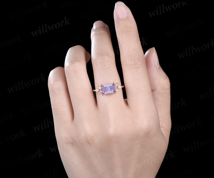 East to west emerald cut Lavender Amethyst engagement ring vintage cluster marquise diamond crystal wedding ring rose gold gift for women