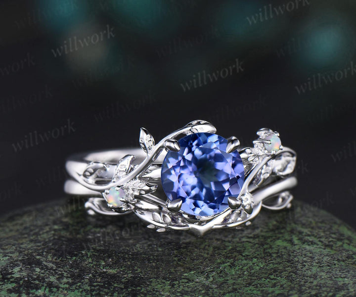 1ct round cut Tanzanite engagement ring vintage branch opal ring 14k white gold stacking leaf wedding ring band women promise ring her