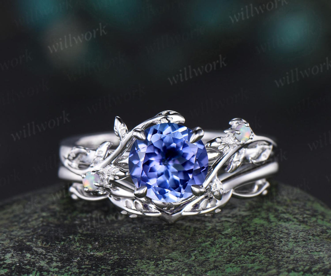 1ct round cut Tanzanite engagement ring vintage branch opal ring 14k white gold stacking leaf wedding ring band women promise ring her