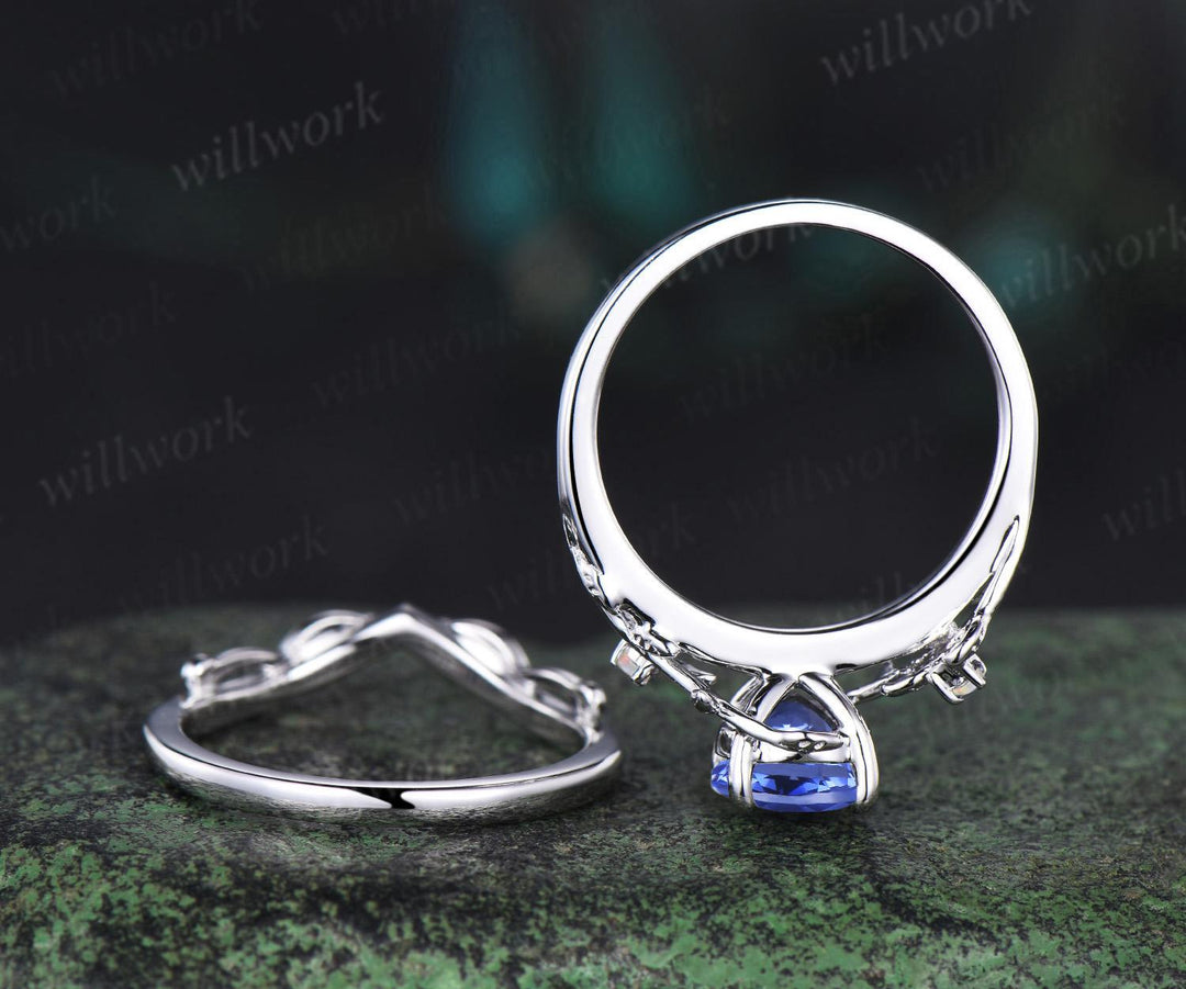 1ct round cut Tanzanite engagement ring vintage branch opal ring 14k white gold stacking leaf wedding ring band women promise ring her
