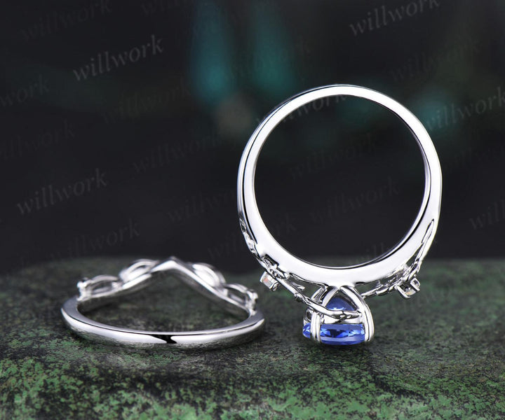 1ct round cut Tanzanite engagement ring vintage branch opal ring 14k white gold stacking leaf wedding ring band women promise ring her