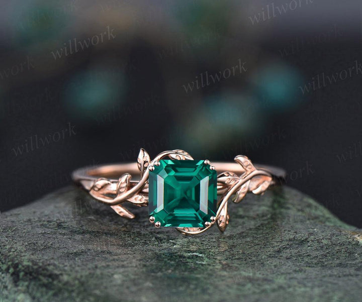 Twig Asscher cut green emerald engagement ring 14k white gold leaf branch Nature inspired solitaire wedding anniversary ring women gift