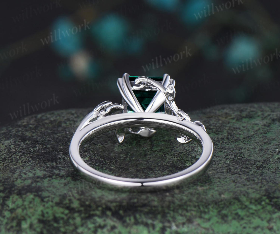 Twig Asscher cut green emerald engagement ring 14k white gold leaf branch Nature inspired solitaire wedding anniversary ring women gift
