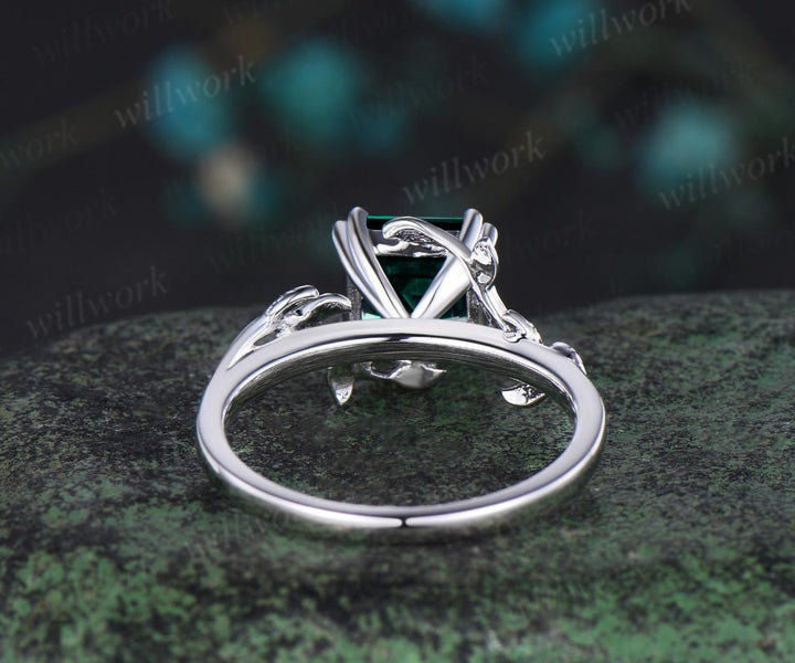 Twig Asscher cut green emerald engagement ring 14k white gold leaf branch Nature inspired solitaire wedding anniversary ring women gift