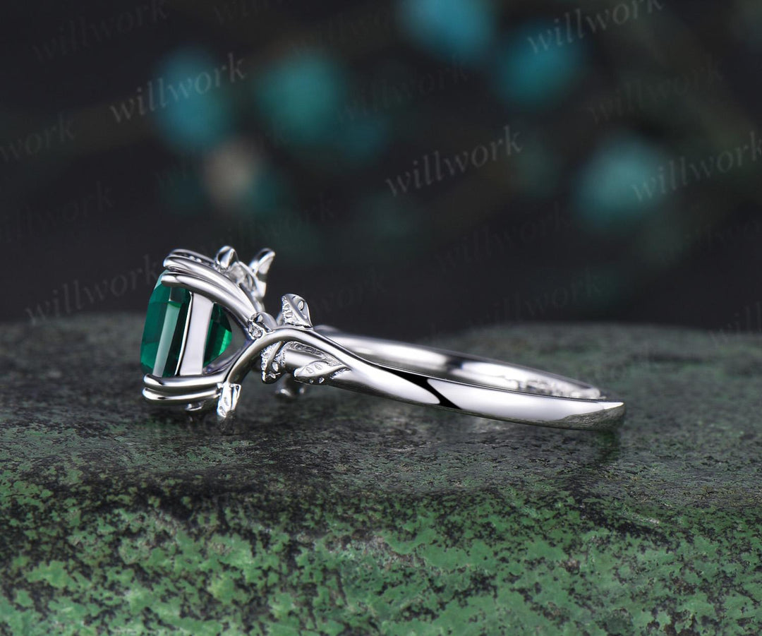 Twig Asscher cut green emerald engagement ring 14k white gold leaf branch Nature inspired solitaire wedding anniversary ring women gift