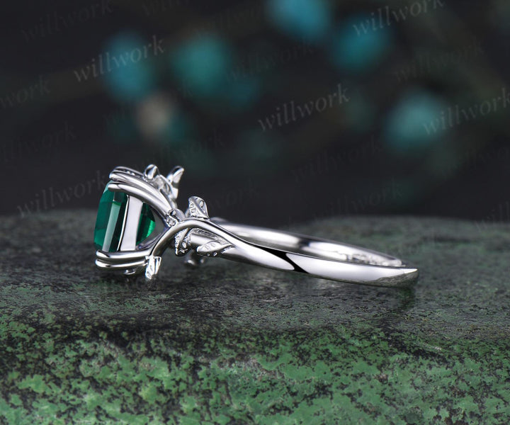 Twig Asscher cut green emerald engagement ring 14k white gold leaf branch Nature inspired solitaire wedding anniversary ring women gift