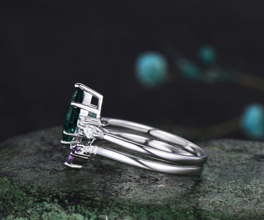 Kite cut emerald engagement ring set solid 14k white gold moissanite amethyst wedding ring set women