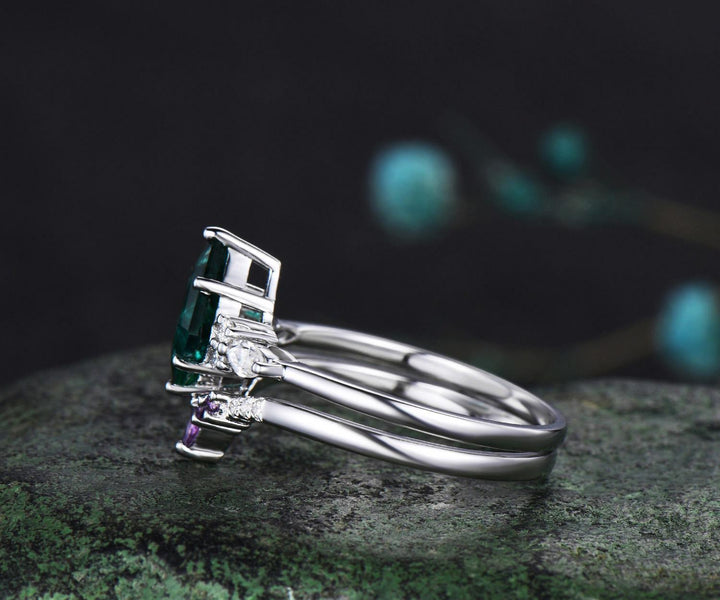 Kite cut emerald engagement ring set solid 14k white gold moissanite amethyst wedding ring set women