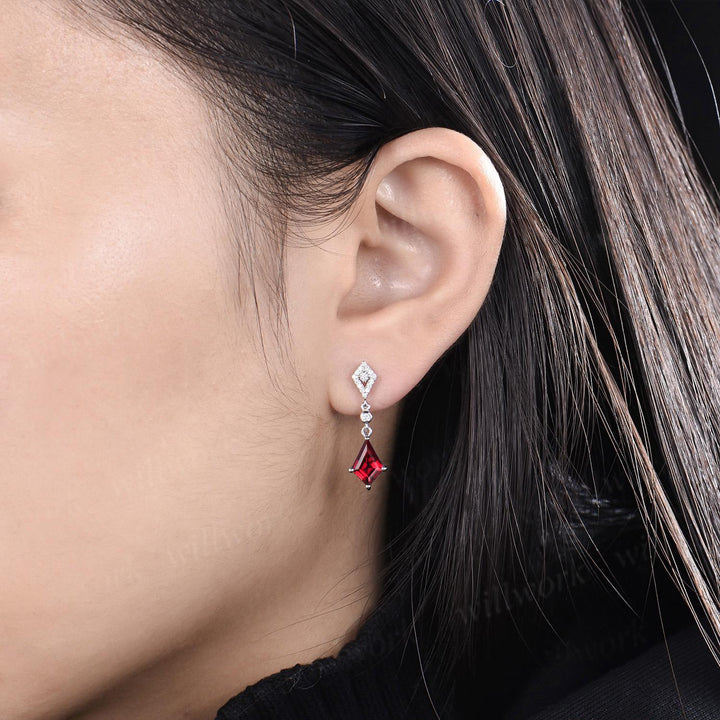 Kite cut red ruby earrings necklace set solid 14k white gold bezel halo moissanite unique pendant for Women anniversary gift