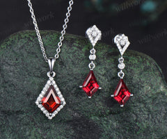 Kite cut red ruby earrings necklace set solid 14k white gold bezel halo moissanite unique pendant for Women anniversary gift