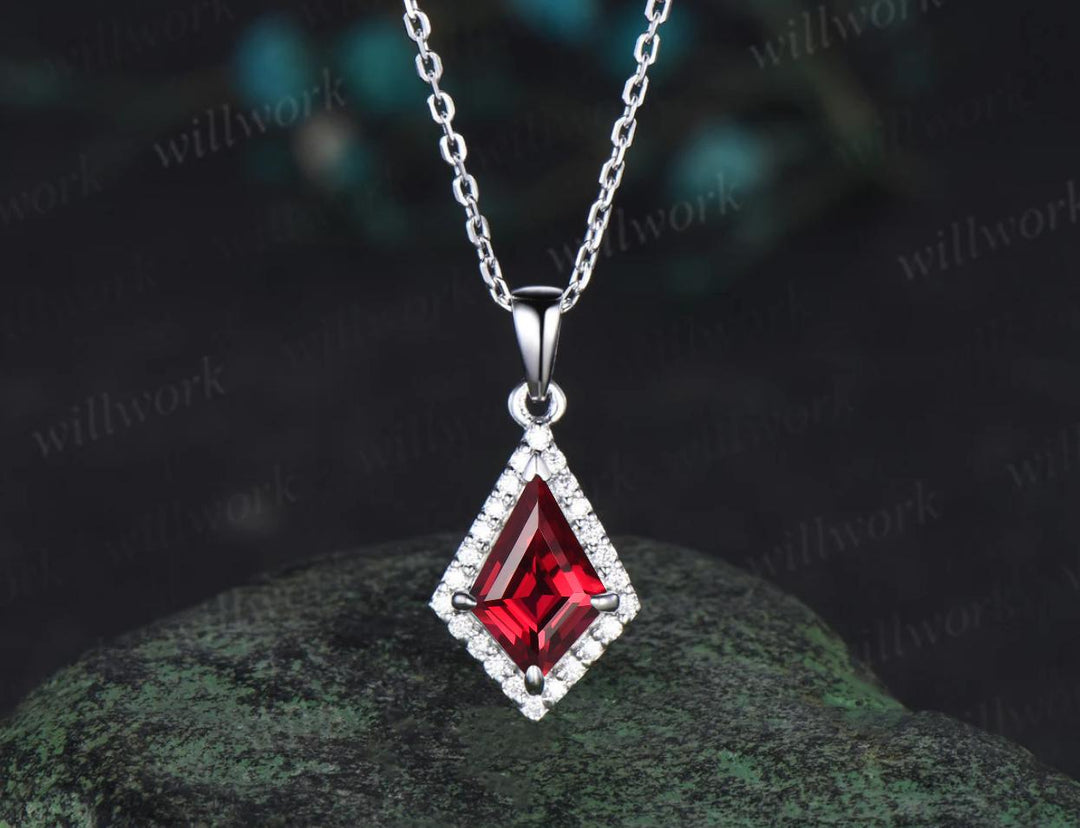 Kite cut red ruby earrings necklace set solid 14k white gold bezel halo moissanite unique pendant for Women anniversary gift