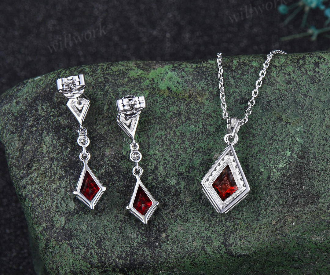 Kite cut red ruby earrings necklace set solid 14k white gold bezel halo moissanite unique pendant for Women anniversary gift