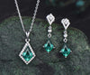 Kite cut green emerald earrings necklace set solid 14k white gold bezel halo moissanite unique pendant for Women anniversary gift