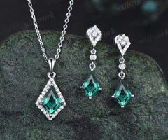 Kite cut green emerald earrings necklace set solid 14k white gold bezel halo moissanite unique pendant for Women anniversary gift