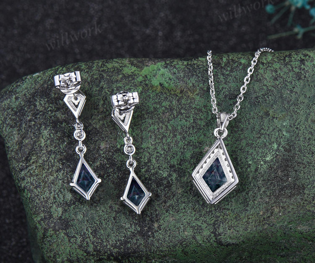 Vintage Kite cut alexandrite earrings necklace set solid 9k 14k white gold bezel halo moissanite unique pendant Women anniversary gift