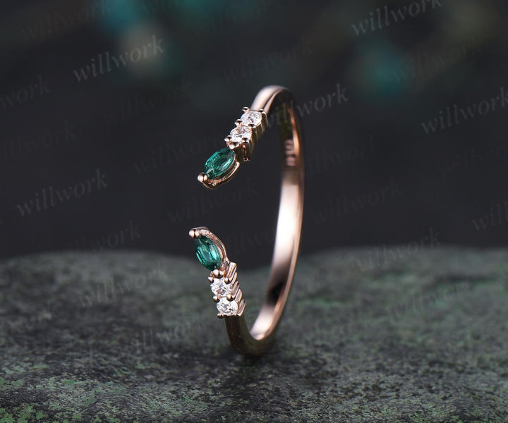 Open gap curved diamond emerald wedding band solid 14k white gold 6 stone ring moissanite stacking ring band women anniversary ring gift