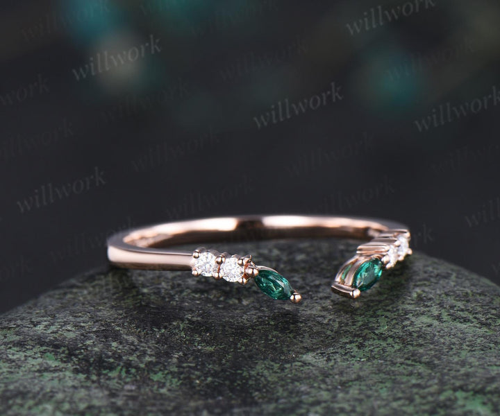 Open gap curved diamond emerald wedding band solid 14k white gold 6 stone ring moissanite stacking ring band women anniversary ring gift
