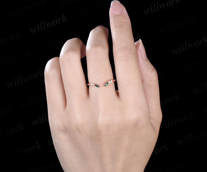 Open gap curved diamond emerald wedding band solid 14k white gold 6 stone ring moissanite stacking ring band women anniversary ring gift