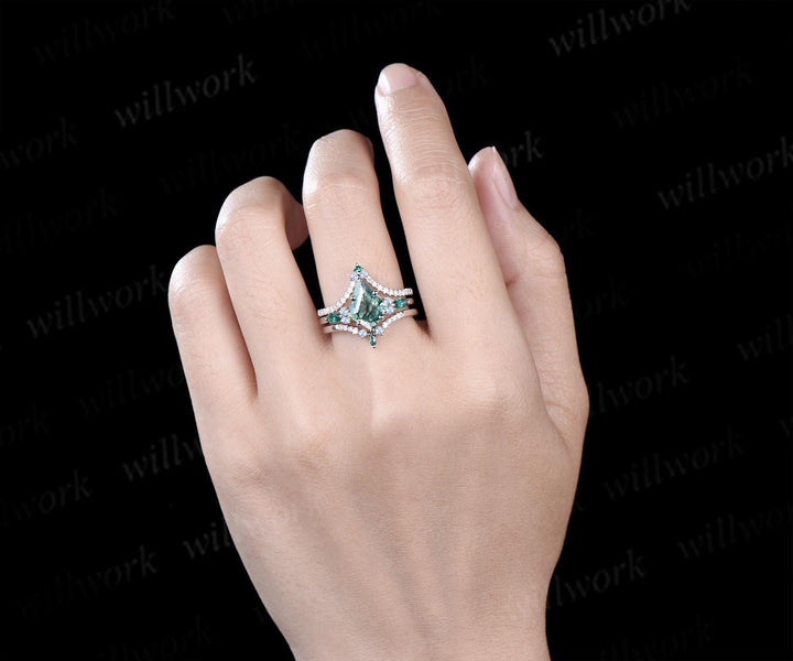 8x11mm kite cut green moss agate engagement ring set moonstone moissanite emerald ring bridal set white gold ring women
