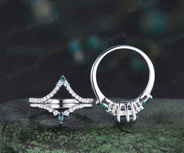 8x11mm kite cut green moss agate engagement ring set moonstone moissanite emerald ring bridal set white gold ring women