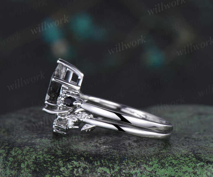 Kite cut black rutilated quartz engagement ring set 14k white gold moissanite leaf Celtic knot wedding ring band women jewelry