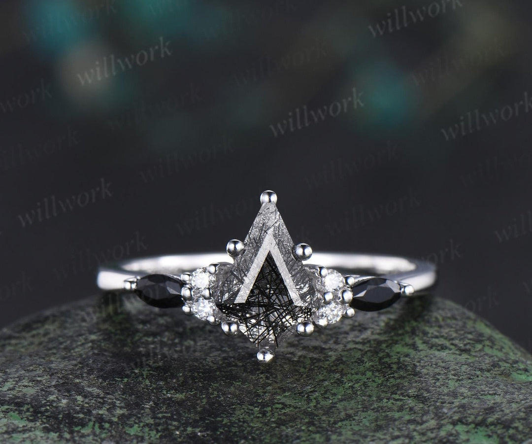 Kite cut black rutilated quartz engagement ring set 14k white gold moissanite leaf Celtic knot wedding ring band women jewelry