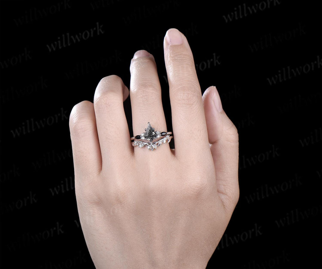 Kite cut black rutilated quartz engagement ring set 14k white gold moissanite leaf Celtic knot wedding ring band women jewelry
