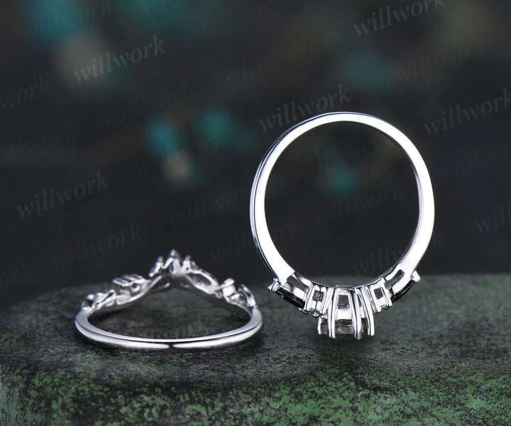 Kite cut black rutilated quartz engagement ring set 14k white gold moissanite leaf Celtic knot wedding ring band women jewelry