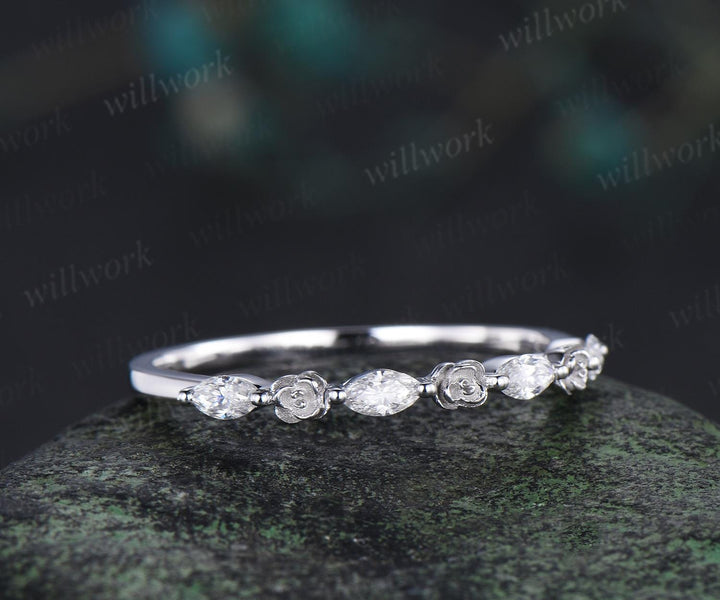 Floral marquise cut moissanite wedding band solid 14k rose gold flower half eternity stacking wedding ring  bridal anniversary ring gift