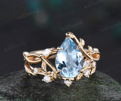 Pear cut aquamarine ring vintage infinity split shank engagement ring set art deco leaf diamond ring women retro unique bridal set gift