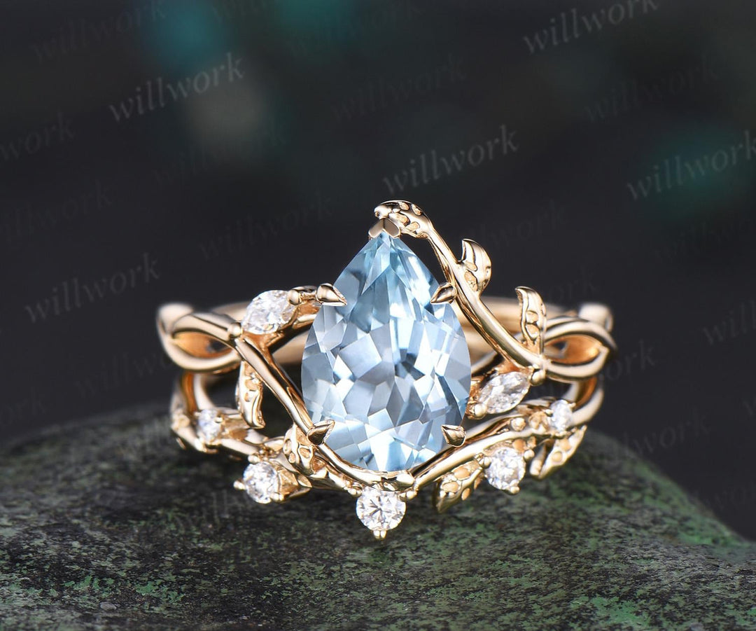 Pear cut aquamarine ring vintage infinity split shank engagement ring set art deco leaf diamond ring women retro unique bridal set gift