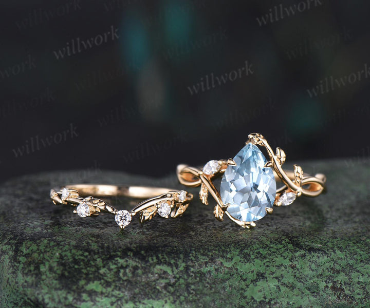 Pear cut aquamarine ring vintage infinity split shank engagement ring set art deco leaf diamond ring women retro unique bridal set gift