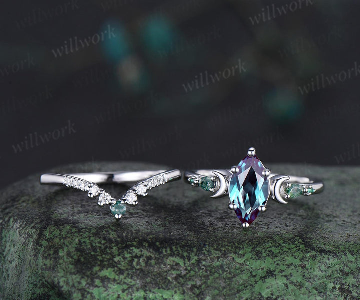 1ct marquise cut Alexandrite engagement ring set women 14k white gold 6 prong five stone moon moss agate stacking bridal ring set
