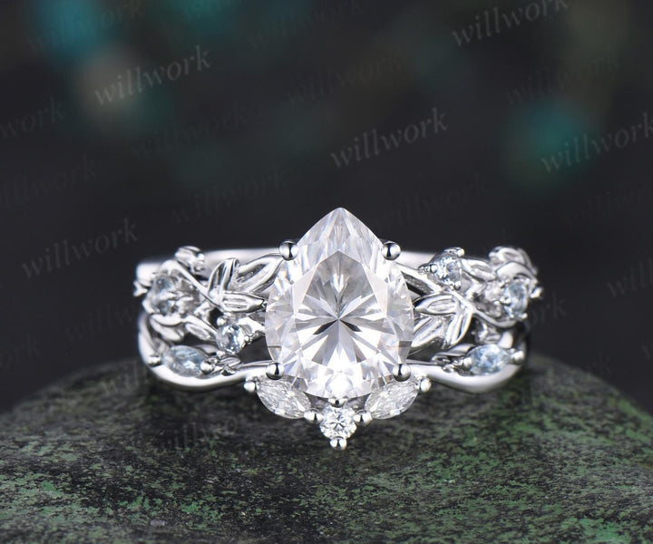 Pear shaped moissanite ring leaf infinity nature inspired engagement ring set 18k white gold aquamarine promise wedding ring set jewelry