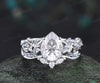 Pear shaped moissanite ring leaf infinity nature inspired engagement ring set 18k white gold aquamarine promise wedding ring set jewelry