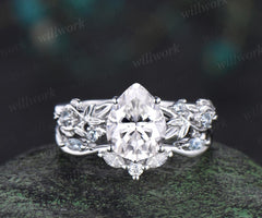 Pear shaped moissanite ring leaf infinity nature inspired engagement ring set 18k white gold aquamarine promise wedding ring set jewelry