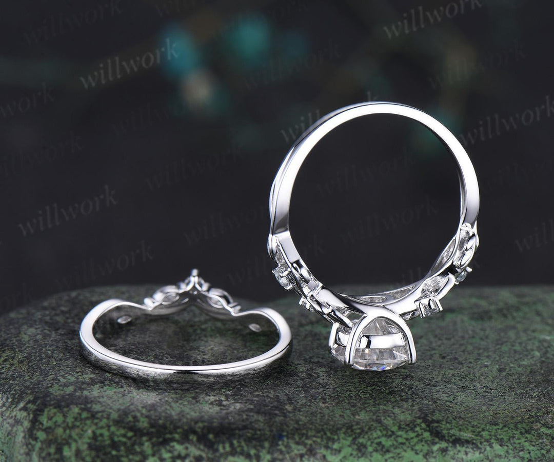 Pear shaped moissanite ring leaf infinity nature inspired engagement ring set 18k white gold aquamarine promise wedding ring set jewelry