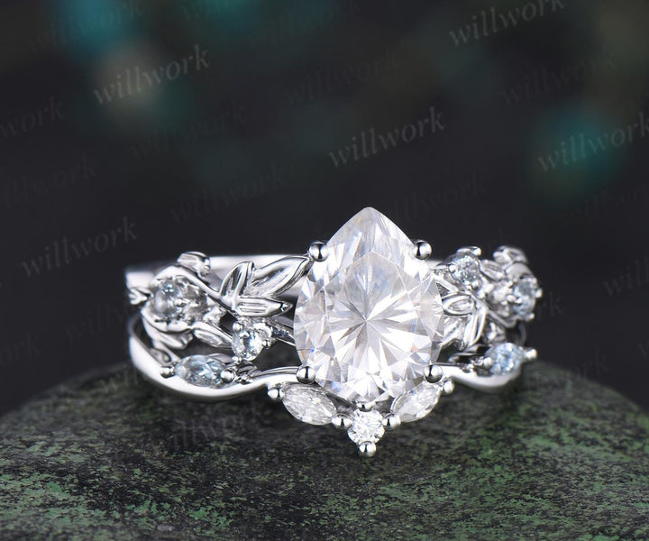 Pear shaped moissanite ring leaf infinity nature inspired engagement ring set 18k white gold aquamarine promise wedding ring set jewelry