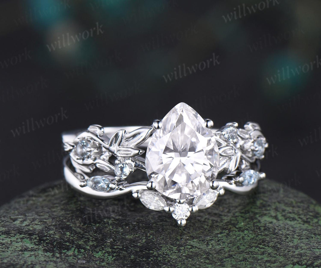 Pear shaped moissanite ring leaf infinity nature inspired engagement ring set 18k white gold aquamarine promise wedding ring set jewelry