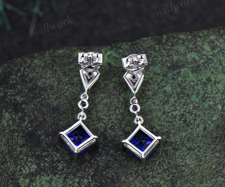 Princess cut blue sapphire earrings 14k white gold kite halo sapphire drop earrings women September birthstone anniversary gift for her